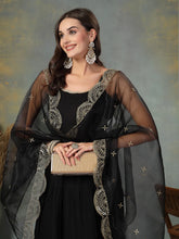 Women's Black Solid Rayon Tiered Kurta Pant Dupatta Set-KPDBLACKBAR